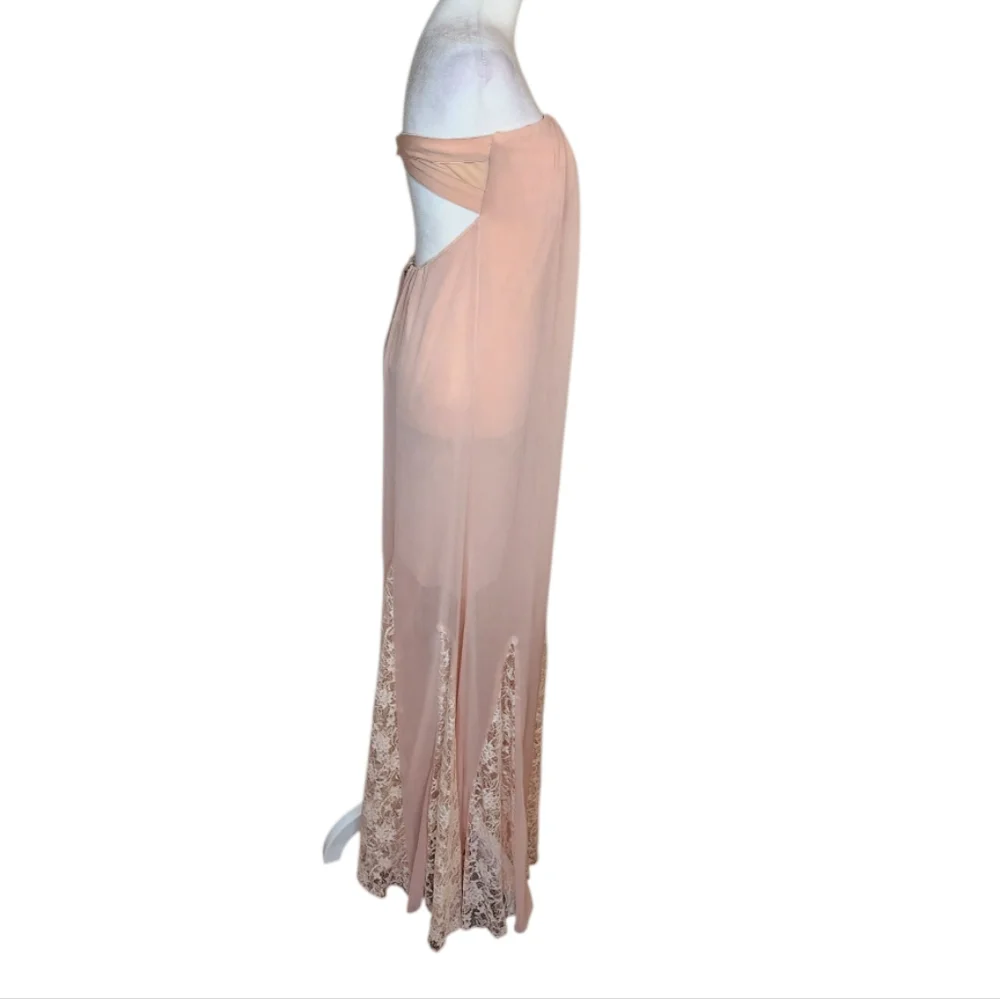Alice + Olivia Strapless Nude Blush Maxi Gown with Lace Inserts Size 4 - Picture 2 of 13